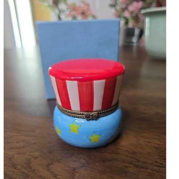 Vintage Uncle Sam USA Flag Top Hat Porcelain Hinged Trinket Box W/Star Trinket. - Picture 2 of 16